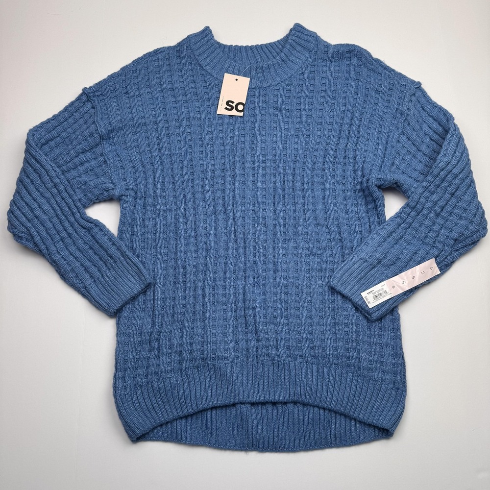 SO Sweater Womens Small Blue Waffle Knit Crewneck Pullover High Low Hem Ribbed